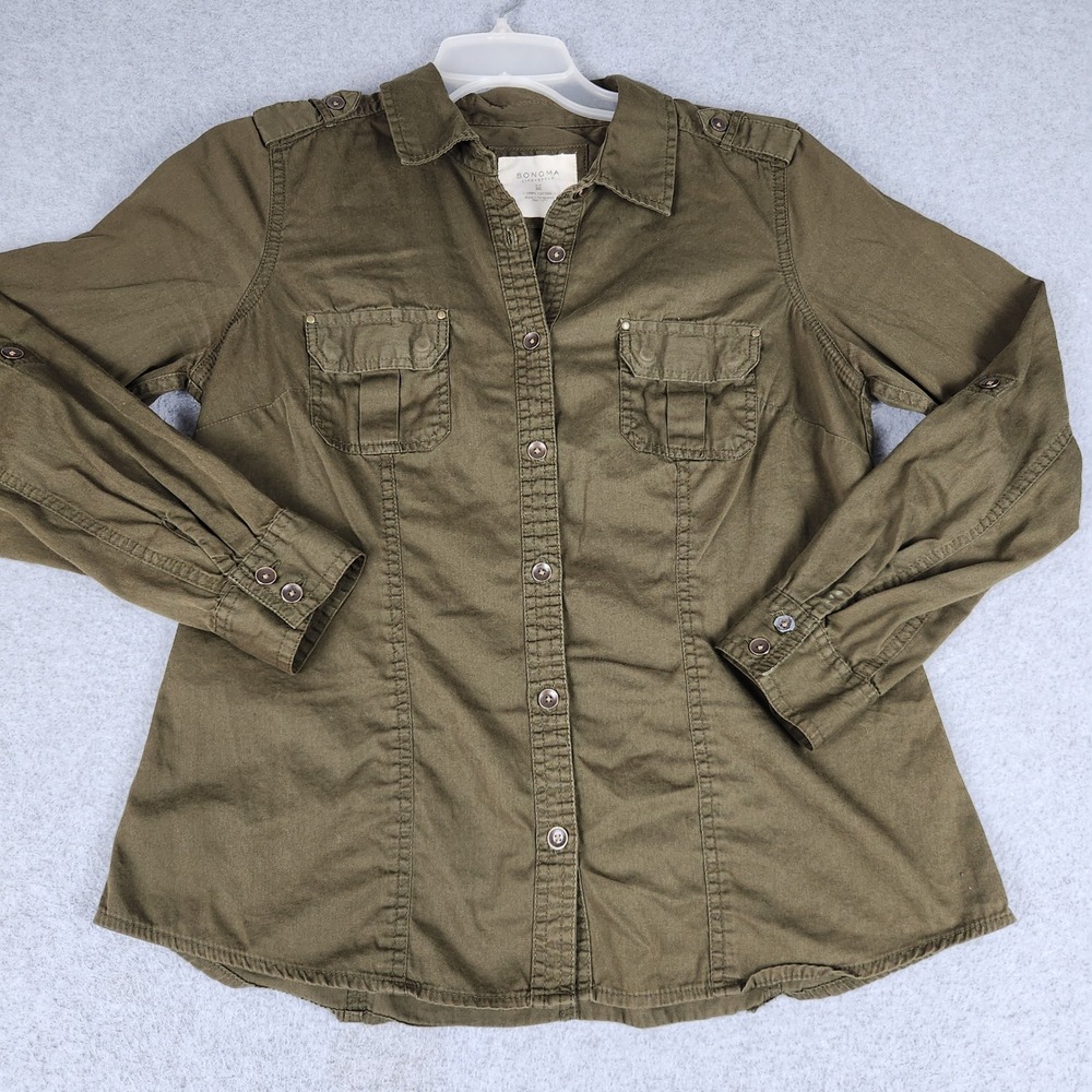 Sonoma Shirt Women Medium Olive Green Utility Military Cotton Epaulets Button Up